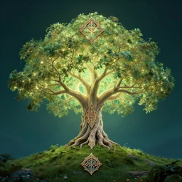 magical glowing tree of life in a hill, centralized, ethereal, rich, fantasy, smooth, sharp focus, high detailed digital art, ultra wide shot, lush colors, in the style of greg rutkowski and hans zatzka, highly realistic, exquisite ornate metal gothic icon heavy patina, delicate, the secret of nihm
