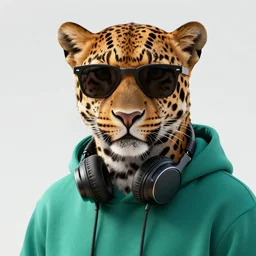 a photorealistic digital illustration of a leopard wearing black sunglasses, a teal green hoodie with headphones wrapping around his neck. hyper detailed. this 4 k hd image is trending on artstation, featured on behance, well - rendered, extra crisp, features intricate detail, epic composition and the style of unreal engine.