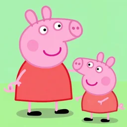 peppa pig with five eyes, eating another pig.