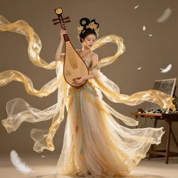 the oriental myth, the chinese dream of dunhuang apsaras with pipa, the super delicate, the translucent noble and gorgeous tulle light clothes, soft light, the golden silk flying, the white feathers, art workstation, film, 3 - dimension, ray tracing - w 5 7 6 - h 1 0 2 4