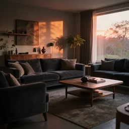 a tastefully decorated living room with dark luxurious furnishings, and a mix of antique and modern furniture, and a mix of concrete and wood finishes, soft focus cinematic still, dark dreamy golden red sunset dappled light