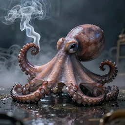 an octopus in a smokey room smoke curling around the beak, 4k, realistic lighting, surface reflections, hazy room