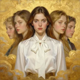 epic painting portrait photography beautiful goddess wearing white bow - tie neck silk blouse with golden glow background, drawing, intricate, symmetrical front, by amy leibowitz, wlop, jeremy lipkin, beeple, intricate, artgerm, ilya kuvshinov, golden clouds background, centered