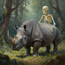 a painting of a rhino and a skeleton in a forest, a detailed matte painting by marc simonetti, behance contest winner, fantasy art, matte painting, concept art, matte drawing. masterpiece