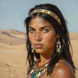a highly detailed painting of a female amazon warrior with piercing beautiful eyes in desert setting by clyde caldwell