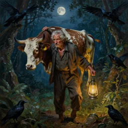 a cinematic masterpiece oil painting of an old man carrying a dead cow on his shoulder carrying a lantern in one hand, midnight, crows, jungle, by tim hildebrandt, by wayne barlowe, by bruce pennington, by zdzisław beksinski, by paul lehr, oil on canvas, masterpiece, trending on artstation, featured on pixiv, cinematic composition, astrophotography, dramatic pose, beautiful lighting, sharp, details, details, details, hyper - detailed, no frames, hd, hdr, 4 k, 8 k
