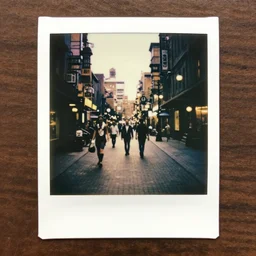 a street level Polaroid of a steampunk city street, with people walking on the streets, at night