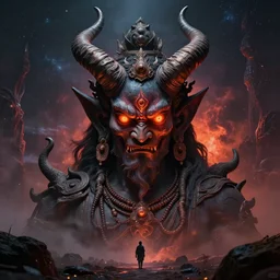 portrait of a cosmic hindu demon with horns and fiery eyes, fearful, dystopian landscape, masterpiece, 3 5 mm lens