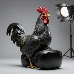 a portrait of monumental rooster antique statue in shape of creative, vr helmet, black rock statue material, nba logo, studio light, hasselblad photo, 8 k resolution, digital art