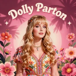 young Dolly Parton, retro graphic design, hippie, floral, bright, pink tones, no dark colors