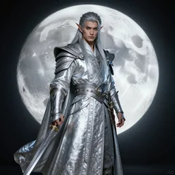 photo of a moon themed magical rogue warrior with silver robes, highly detailed, 4k, HDR, award-winning,