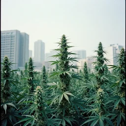 analogue photography of cannabis plants engulfing a city, daido moriyama, 3 5 mm photography, solarpunk, war on drugs