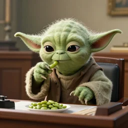 a photo of a yoda eating beans in a courtroom