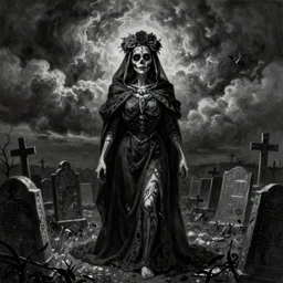 By Tom Bagshaw and Boris Vallejo, ultra realist soft painting of a cemetery by night, centered fading Muerte fully dressed, horror, omnious sky, symmetry accurate features, very intricate details, black and white, volumetric light clouds