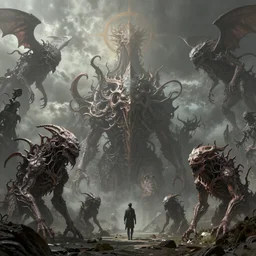 a beautiful detailed matte painting of the  most horror spiritual world with elevated monsters and high frequency beings, the forms are detailed but mutate in search of elevation and metaphysical transformation, 16K ultra-realistic 3D, unreal engine