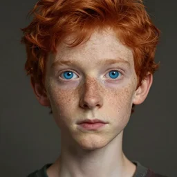 portrait of tall, thin, 1 5 - year - old boy with a long nose, a lot of freckles, fiery red hair, and bright blue eyes, hyper realistic face, beautiful eyes, fantasy art, in the style of greg rutkowski, intricate, hyper detailed, smooth