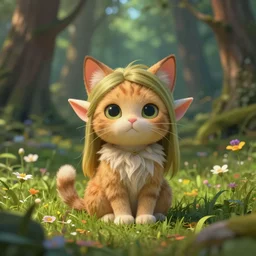 forest, cute funny elf with beauty head - cat sitting in grass flowers, in the style of craola, shallow depth of field, highly detailed, digital painting, trending artstation, concept art, illustration, cinematic lighting, vibrant colors, photorealism, epic, octane render