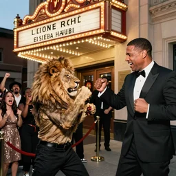 lionel richie and steve harvey having a fist fight outside of a theater with a marquee lit up, fans on the side behind red velvet ropes are cheering angry and crying