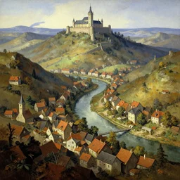 crooked fantasy town in a landscape of sleepy hills, artstation, artgerm, by frank frazetta, by peter bruegel the elder, by takato yamamoto, winding river in center, walled palace on top of a hill, townscape