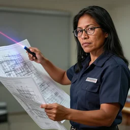 epic portrait of slightly muscular indigenous visionary woman wearing short sleeved instructor uniform pointing laser pointer on construction blueprint, blueprint, glasses, detailed, artstation, concept art, donato giancola, joseph christian leyendecker, wlop, boris vallejo, breathtaking, 8 k resolution, extremely detailed beautiful, establishing shot, artistic hyperrealistic, beautiful face, enhanced hands, octane render