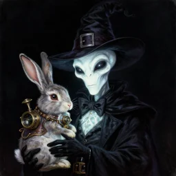 a close - up portrait painting of a whimsical black and white glowing alien wizard magician holding a steampunk rabbit. gloomy dark black background. highly detailed science - fiction painting by norman rockwell, moebius, frank frazetta, and syd mead. rich colors, high contrast. artstation