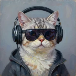 a oil painting of a cyberpunk cat wearing headphones and shades