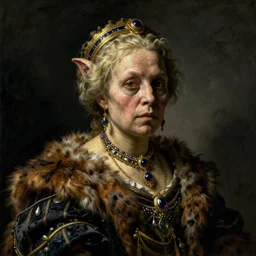 disturbing dutch golden age oil painting by christian rex van minnen portrait of an extremely bizarre mutated proteus sundrome woman wearing fancy fur and jewels with intense chiaroscuro lighting perfect composition masterpiece