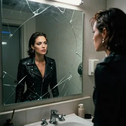 cinestill 5 0 d candid photographic portrait by quentin tarantino of a beautiful mixed feminine man wearing black techwear light makeup looking in a broken bathroom mirror, rundown new york apartment, full shot, retrofuturism grunge cyberpunk lights shadows refraction, 3 5 mm, f / 3 2, 4 k, 8 k, hd, high resolution, ultra realistic faces, intricate detail