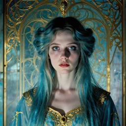 close up of a girl in a blue and gold haunted liminal abandoned room, film still by david lynch, limited color palette, very intricate, art noveau, highly detailed, strong lights, liminal, eerie, bright pastel colors