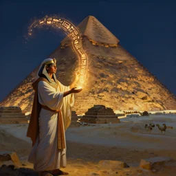 a priest from ancient egypt conjures a magic spell at night next to the great pyramid of giza with glowing hieroglyphic symbols flowing out of her hands and lighting up the pyramid, dramatic lighting, oil painting, artstation