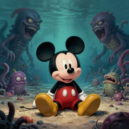 Mickey mouse sitting next to terrifying sea creatures on a creepy beach, digital art, in the style of Frederic St-Arnaud, super detailed, artstation
