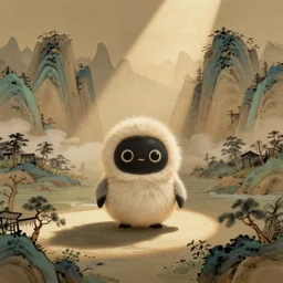 a landscape painting with a Furby in a traditional Chinese style