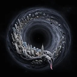 a utopian city resting on the tongue of yog-soggoth as he slumbers curled around a BlackHole in outer space by Daniel Merriam