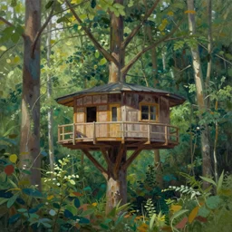 treehouse in a wild forest, painting by bob ross