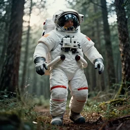 a 3 5 mm photo of a enormous towering chubby american astronaut in spacesut walking in the tiny undersized woods, splash art, movie still, bokeh, canon 5 0 mm, cinematic lighting, dramatic, film, photography, depth of field, award - winning, backlighting, overcast, 8 k, hyper detailed, 3 5 mm film grain