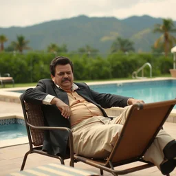 film still of viktor orban playing pablo escobar, sitting in a chair next to a pool, 8 0's columbia, a scene from tv series narcos, hd, 4 k