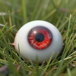 an eye implant with evil red pupil lying in the grass, unreal engine octane render, 8k, high details