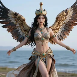 beautiful 3 d render of a sexy mongolian queen goddess spreading it's wings with a gorgeous dress in a sensual pose, sexy face, atmospheric lighting, intricate, volumetric lighting, beautiful, sharp focus, ultra detailed, in the art style of bowater, charlie, brom, gerald, with lake baikal in the background, astrophotography