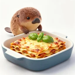 photo of a platypus cooking a lasagna with three basil leaves over the lasagna