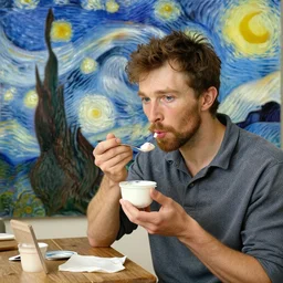 french guy eating yogurt, painting, artwork by van gogh