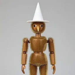 realistic photo of a human model wooden doll made of wood and covered, covered with long brass spikes needles, birds head, wearing hat made of white cone, center straight composition, front view 2 0 0 0, life magazine photo, museum archival photo