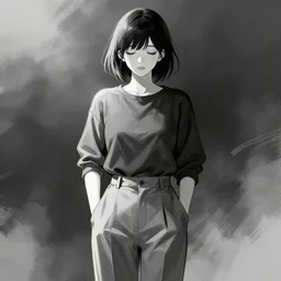 portrait of a girl in long pants and a top, hands in pockets, eyes closed, bob haircut, digital art, black and white, simple, manga style