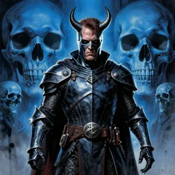 horror art, james caan as hell knight, giant blue skulls in the background, art by ismail inceoglu