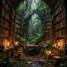 decaying interior of an ( ( old library ) ) with a rainforest growing inside, highly detailed, glowing candles, intricate detail, beautiful 3 d rendering, octane render, hyperrealistic, trending on artstation