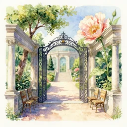isomeric view, sunny, stairway, chairs, wrought iron gate, tree, delicate, botanic garden, garden road, temple in a botanical herbarium paper, watercolor colored painting, iridescent colors, 8 k, realistic shaded, fine details, artstation, italian style, colonnade, huge flower
