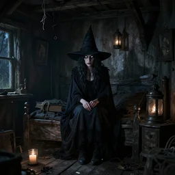 a witch with white eyes sitting in the shadows on the inside of a decrepit cottage at night, highly detailed interior, by Bastien LeCouffe-Deharme, hyperrealistic, Cryengine 8k UHD