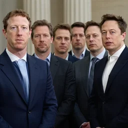 mark zuckerberg and gabe newell and pavel durov and elon musk and ryan gosling stand in a row, realism, maximum detail, high quality, good study of style, depth of field, focus, a picture of classicism