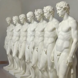 a line of detailed white stone male statures lined up, oil paint, volume light - n 9