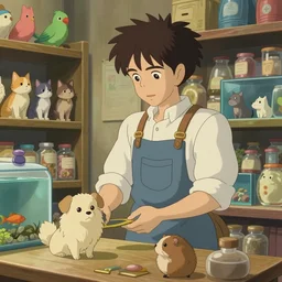 a wholesome animation key shot of a focused shop assistant in a pet store with dogs, cats, birds, gerbils, fishes, medium shot, waist up, studio ghibli and disney animation, sharp, rendered in unreal engine 5, anime key art by greg rutkowski, bloom, dramatic lighting, artstation, instagram