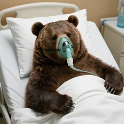 Smokey the Bear laying in a hospital bed wearing an oxygen mask